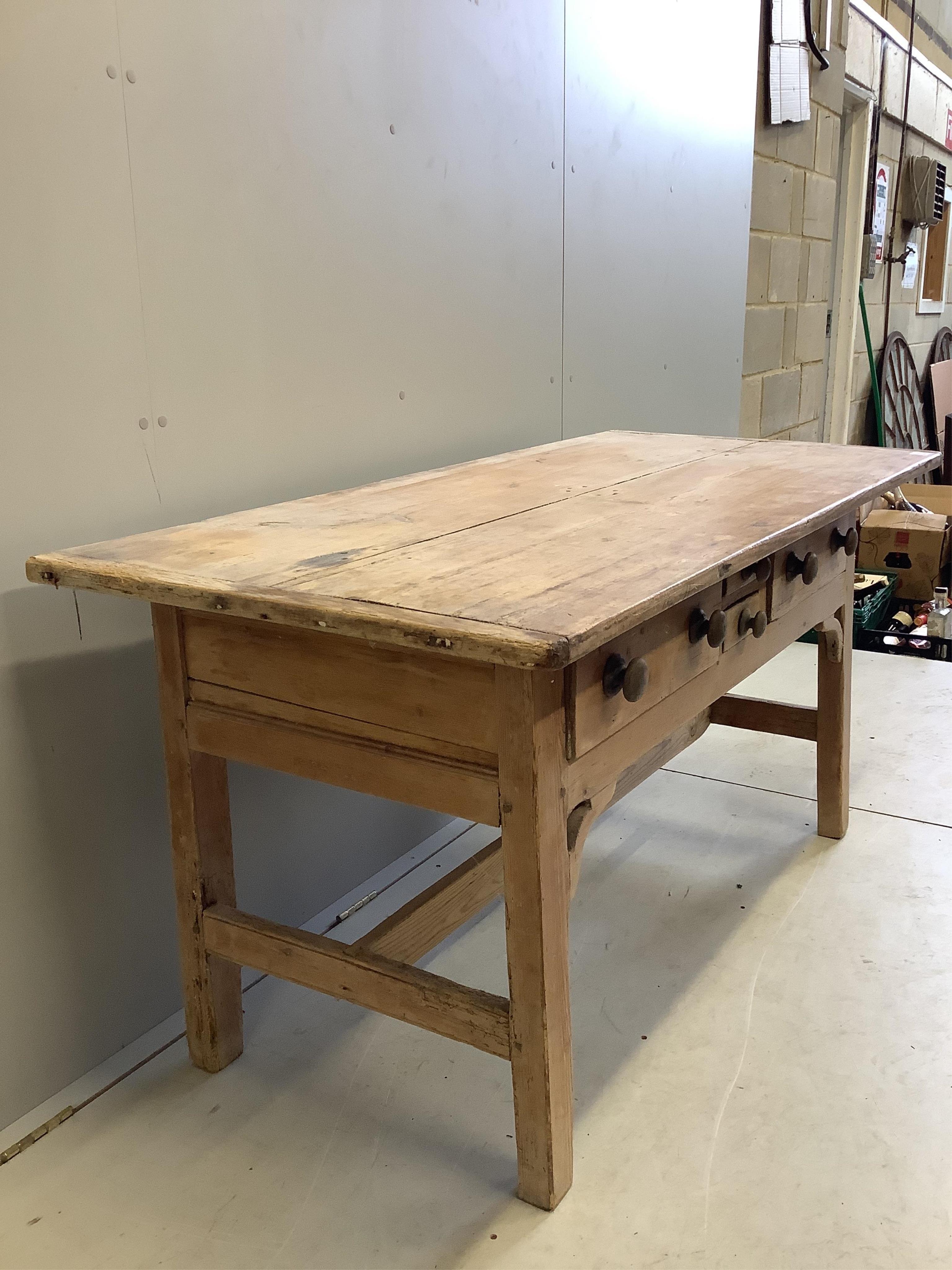 A 19th century rectangular pine four drawer serving table, width 154cm, depth 71cm, height 76cm. Condition - fair